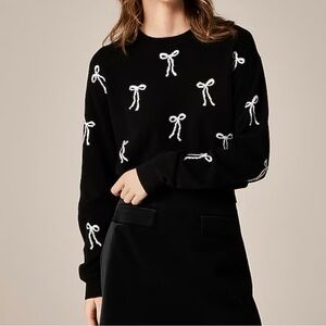 NWT J. Crew Perfect Cashmere Crewneck Sweater in Bow Print - Black Ivory Bows